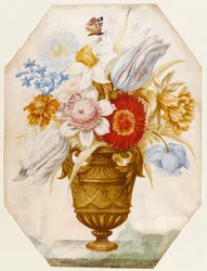Still Life of Flowers in a Vase Which Stands on a Ledge with a Butterfly Resting on Narcissi